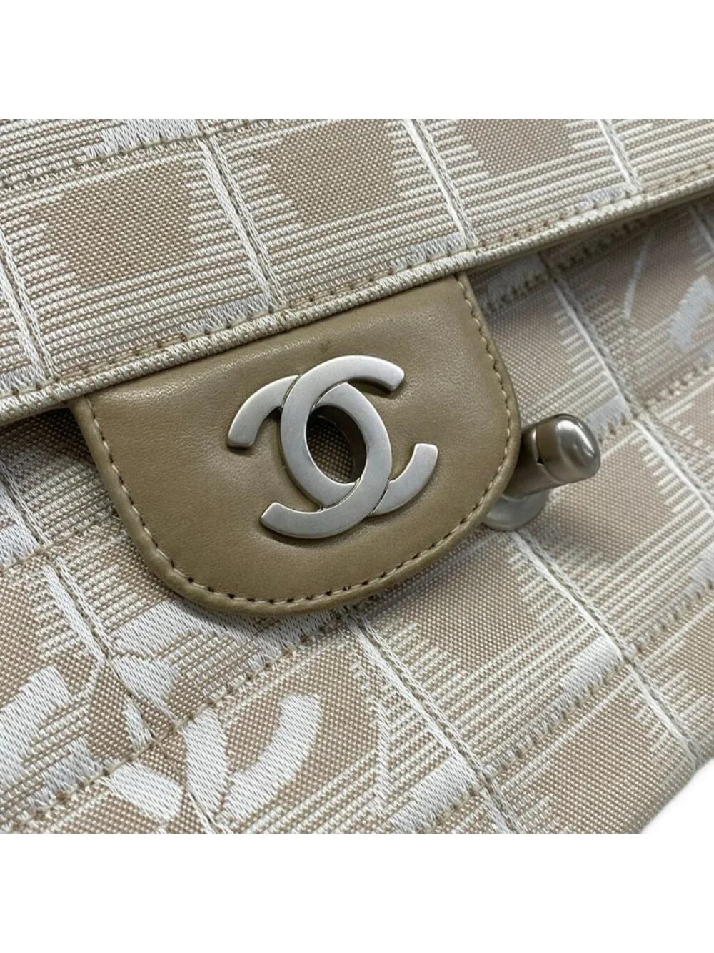 Chanel Shoulder Bag New Travel Line Choco Bar Stitch Beige Chain Silver Leather